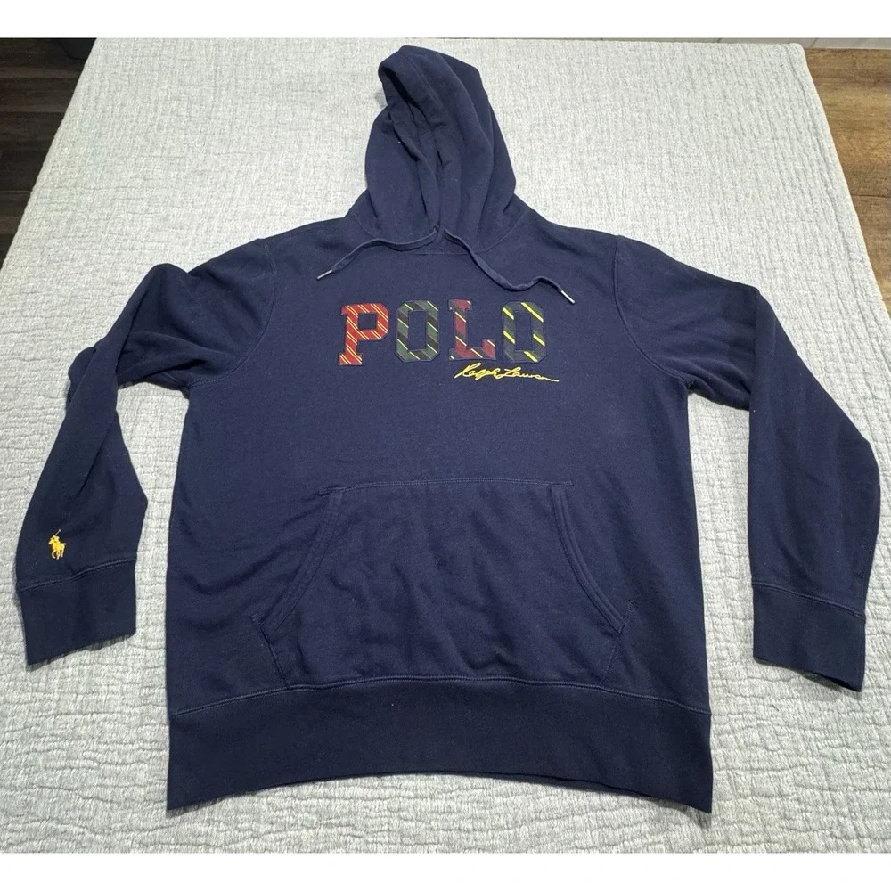 POLO RALPH LAUREN Men's Navy‎ Fleece Sweatshirt Hoodie Plaid Logo Sz L
